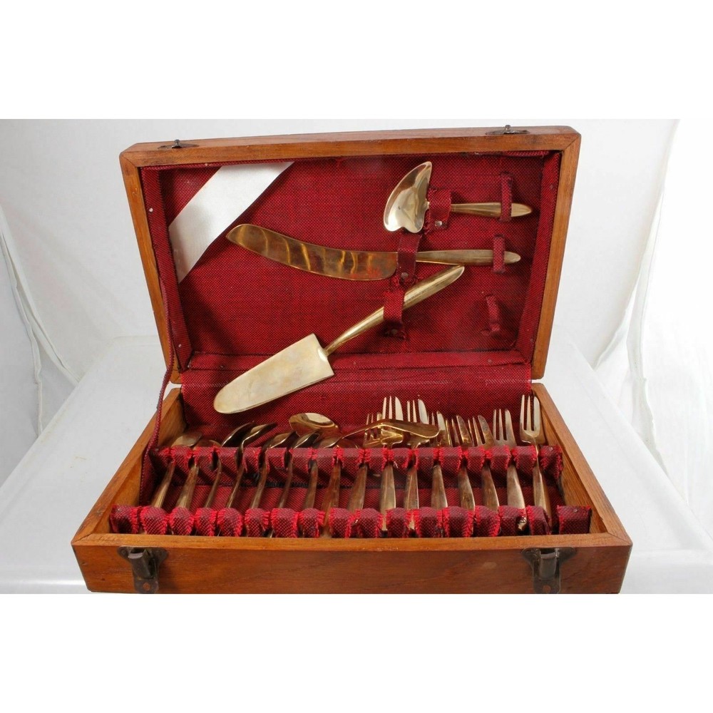 Vintage Child Size Toy Brass Flatware Set With Serving Flatware + 1 In Case